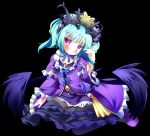  1girl aqua_hair astaroth_(p&amp;d) dress headdress highres long_hair looking_at_viewer pantyhose purple_dress puzzle_&amp;_dragons smile solo violet_eyes wings zefa_(neoaltemice) 