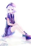  1girl black_eyes braid hat ia_(vocaloid) lavender_hair looking_at_viewer nonoharak reflection shirt shoes sitting solo twin_braids vocaloid 