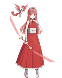 1girl arrow bird bow bow_(weapon) fire flame long_hair magical_girl red_dress red_eyes red_hair weapon