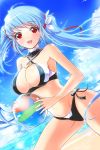  1girl armpits ball beach beachball bikini blue_hair breasts cleavage deeple hair_ribbon long_hair luthica_preventer mound_of_venus open_mouth red_eyes ribbon side-tie_bikini smile solo swimsuit sword_girls twintails 