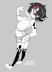  1girl alternate_costume arched_back bare_shoulders belt black_hair black_legwear earrings horns imoni jewelry kijin_seija midriff multicolored_hair pointy_ears popsicle red_eyes redhead short_hair short_shorts shorts solo spot_color tattoo thigh-highs tongue tongue_out touhou 