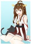  1girl belt black_cat brown_eyes brown_hair cat hairband kantai_collection katori_(quietude) kongou_(kantai_collection) long_hair open_mouth ribbon smile 