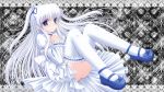  1girl black_background blue_eyes blue_shoes dress frills hand_on_own_chest highres long_hair shimotsuki_keisuke shoes solo thighhighs twintails white_dress white_legwear 