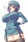  1girl black_hair blush breasts chestnut_mouth from_below fujiyama_takashi garter_straps gloves hands_on_hips hat highres kantai_collection large_breasts looking_at_viewer red_eyes short_hair solo sweatdrop takao_(kantai_collection) thighhighs 