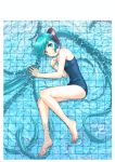  1girl absurdres aqua_eyes aqua_hair barefoot hatsune_miku headphones highres long_hair lying nail_polish on_side one-piece_swimsuit open_mouth partially_submerged solo swimsuit toenail_polish tsune_(dreamers_express) twintails very_long_hair vocaloid water wet 