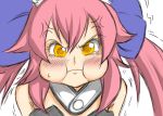  1girl anger_vein animal_ears blush caster_(fate/extra) drawfag face fate/extra fate_(series) fox_ears hair_ribbon long_hair pink_hair pout ribbon solo tears trembling twintails yellow_eyes 