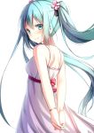  1girl alexmaster aqua_eyes aqua_hair arms_behind_back blush bracelet dress from_behind hair_ornament hatsune_miku highres jewelry long_hair looking_at_viewer looking_back simple_background smile solo twintails very_long_hair vocaloid white_background 