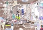  2boys black_hair blue_eyes book cat ceiling_fan chandelier dog grey_hair headphones highres holding hpknight ladder lamp looking_at_viewer multiple_boys notepad original overalls rug slippers smile spiral_staircase stuffed_animal stuffed_toy teddy_bear track_suit 