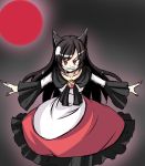  1girl animal_ears black_hair dress grin ichimi imaizumi_kagerou long_hair looking_at_viewer moon nail_polish outstretched_arms red_eyes red_moon smile solo touhou wolf_ears 