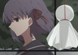  1girl black_sailor_collar black_serafuku black_shirt blurry commentary_request depth_of_field empty_eyes fate/stay_night fate_(series) hair_ribbon heaven&#039;s_feel highres matou_sakura medium_hair purple_hair rain red_ribbon ribbon sailor_collar school_uniform serafuku shirt solo teruterubouzu twitter_username violet_eyes window yoyoyuyuy 