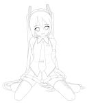  1girl detached_sleeves eto hatsune_miku headphones headset kneeling lineart long_hair looking_at_viewer monochrome necktie open_mouth skirt smile solo thighhighs twintails very_long_hair vocaloid zettai_ryouiki 