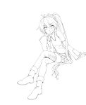  1girl akita_neru crossed_legs detached_sleeves hair_ornament highres legs lineart long_hair monochrome necktie ponytail routo_(rapi) side_ponytail sitting skirt smile solo thigh-highs very_long_hair vocaloid 