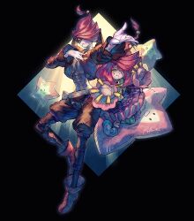  1boy 1girl boots character_request dress duel_monster full_body hashibi_rokou pink_hair puppet star_(symbol) yu-gi-oh! 