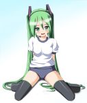  1girl arms_behind_back black_legwear blush breasts colored green_eyes green_hair hatsune_miku highres hoshino_sora long_hair looking_at_viewer open_mouth smile solo thighhighs twintails very_long_hair vocaloid 