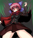  1girl bow cape clenched_teeth hair_bow ichimi looking_at_viewer red_eyes redhead sekibanki short_hair skirt solo touhou 