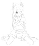  1girl collar cosplay eto hatsune_miku headset kneeling lily_(vocaloid) lily_(vocaloid)_(cosplay) lineart long_hair looking_at_viewer monochrome navel open_mouth skirt smile solo thighhighs twintails very_long_hair vocaloid zettai_ryouiki 