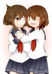  2girls brown_eyes brown_hair closed_eyes ikazuchi_(kantai_collection) inazuma_(kantai_collection) kantai_collection katori_(quietude) multiple_girls short_hair smile wink 