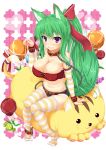  1girl amau_(kosmos) animal_ears breasts cat_ears collar green_hair large_breasts navel original paw_pose short_shorts shorts sitting solo striped striped_legwear thighhighs violet_eyes 