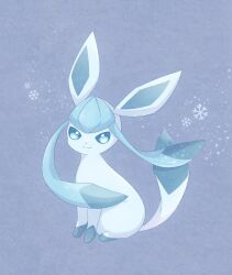  animal_focus appyon_(archangel_ayp) blue_eyes blue_theme commentary_request glaceon highres looking_at_viewer no_humans pokemon pokemon_(creature) sitting smile snowflakes solo 