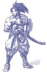  1boy armor greaves hand_on_hilt katana long_hair mitsurugi monochrome mouth_hold muscle ponytail robaato samurai_armor scar sketch solo soulcalibur straw sword weapon 