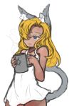  1girl animal_ears arceonn blonde_hair blue_eyes cat_ears cat_tail cup dark_skin flat_chest hair_over_one_eye katja_(arceonn) mug nightgown original sleepy solo tail waking_up 