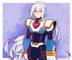  1boy armor black_bodysuit bodysuit border chest_jewel cowboy_shot long_hair male_focus mega_man_(series) mega_man_x_(series) mega_man_x_dive ponytail purple_background rikka_(user_hruv2435) solo via_(mega_man) watermark white_armor white_border white_hair 