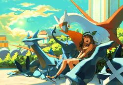  1girl absurdres bandana battle_frontier_(pokemon) bench bike_shorts bike_shorts_under_shorts blush breasts brown_hair closed_eyes closed_mouth fanny_pack gloves green_bandana heracross highres latias long_hair may_(pokemon) metagross open_mouth orange_shirt orisghost pokemon pokemon_(creature) pokemon_emerald pokemon_rse salamence seedot shirt shorts shorts_under_shorts sitting sleeping sleeveless smile swampert teeth tongue 