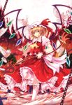  1girl ascot bird blonde_hair chain dress flandre_scarlet hat jianren laevatein looking_at_viewer red_dress red_eyes short_hair side_ponytail solo touhou wings wrist_cuffs 