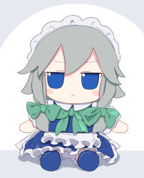  1girl :< absurdres apron blue_dress blue_eyes blush_stickers bow bowtie braid closed_mouth commentary dress frilled_apron frilled_dress frills full_body fumo_(doll) green_bow green_bowtie grey_hair hair_bow highres izayoi_sakuya kame_(kamepan44231) looking_at_viewer maid maid_headdress short_hair short_sleeves simple_background sitting solo touhou twin_braids white_apron white_background 