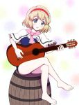  1girl absurdres acoustic_guitar adapted_costume alice_margatroid barefoot blonde_hair blue_eyes blush capelet crossed_legs dress greatestwashi guitar hairband highres instrument short_hair sitting solo touhou 