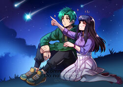  1boy 1girl :d astrid_(fire_emblem) black_hair black_pants commission commissioner_upload contemporary couple fire_emblem fire_emblem:_radiant_dawn green_jacket gzei high_heels highres jacket kneeling long_hair night night_sky non-web_source open_mouth outdoors pants pointing purple_shirt purple_skirt shirt shooting_star sitting skirt sky smile sothe_(fire_emblem) star_(sky) stargazing starry_sky vgen_commission 