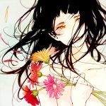  1girl black_hair bust collarbone flower freckles holding kana_(kwbr) long_hair looking_away nude original petals solo tears yellow_eyes 