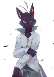  1boy ahoge animal_ears cat_boy cat_ears cat_tail closed_mouth commentary_request furry furry_male grey_pants highres holding_own_arm looking_to_the_side male_focus morenatsu pants shin_kuroi shirt smile smiteyyordle tail white_background white_shirt 