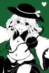  1girl blush green_background hat komeiji_koishi looking_at_viewer monochrome open_mouth simple_background smile solo spanking_momoko touhou 