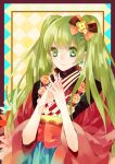  1girl earrings flower green_eyes green_hair hair_ornament interlocked_fingers japanese_clothes jewelry kimono long_hair original rukun00 solo 