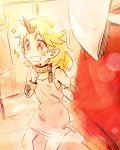  1girl blonde_hair blush chain child collar drooling horn hoshiguma_yuugi long_hair pointy_ears red_eyes sepia shackle six_(fnrptal1010) slave solo sparkle touhou young 