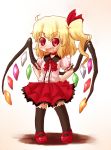  1girl arinu black_legwear blonde_hair fang flandre_scarlet hair_ornament hands_on_hips red_eyes side_ponytail solo thighhighs touhou wings 