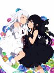 2girls black_dress black_hair bow brown_eyes collarbone dress elbow_gloves eye_contact flower gloves hair_bow highres holding_hands long_hair looking_at_another multiple_girls ogipote open_mouth original silver_hair sleeveless sleeveless_dress smile white_dress white_gloves wrist_cuffs 