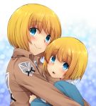  2boys :o armin_arlert blonde_hair blue_eyes blush dual_persona jacket marimo_danshaku military military_uniform multiple_boys shingeki_no_kyojin short_hair smile time_paradox trap uniform 