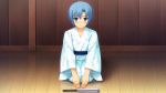  1boy blue_hair blush green_eyes japanese_clothes kimono saimin_enbu sayori short_hair sitting solo 