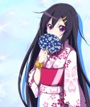  1girl amano_kouki black_hair blush fan hair_ornament hairclip highres japanese_clothes kimono long_hair looking_at_viewer obi original paper_fan simple_background solo uchiwa very_long_hair violet_eyes 