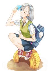  1girl bag blue_eyes blush candy lollipop necktie pom_pom_(clothes) school_uniform shoes short_hair shoulder_bag silver_hair simple_background sneakers solo squatting striped striped_necktie tire white_background wink yuu_(warm_water) 