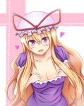  1girl blonde_hair blush breasts cleavage colored delta_yamato hat heart long_hair looking_at_viewer open_mouth smile solo touhou very_long_hair violet_eyes yakumo_yukari 