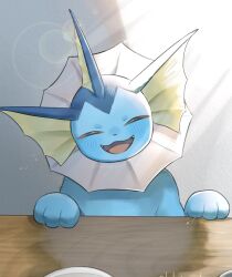  animal_focus blue_fur closed_eyes fins grey_background head_fins highres hokaimo_pkmn looking_at_viewer no_humans open_mouth pawpads pokemon pokemon_(creature) pokemon_focus simple_background smile solo sunlight table tail vaporeon 