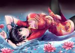  1girl absurdres black_eyes black_hair black_legwear breasts china_dress chinese_clothes cleavage_cutout flower highres long_hair looking_at_viewer lying on_back original petals smile solo soyo_kaze thighhighs water 