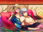  1boy 1girl blonde_hair boxers gintama japanese_clothes kimono lorein red_eyes sakata_gintoki scar strawberry_print tsukuyo underwear white_hair 