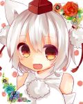  1girl :d animal_ears breasts bust detached_sleeves eyelashes fang flower hat inubashiri_momiji large_breasts moko_(3886397) open_mouth red_eyes rose short_hair smile solo tokin_hat touhou white_hair wolf_ears 