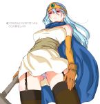 1girl aqua_hair breasts cape circlet dragon_quest dragon_quest_iii elbow_gloves from_below garter_straps gloves large_breasts long_hair oono_tsutomu panties pantyshot pantyshot_(standing) red_eyes sage_(dq3) solo standing text thighhighs translation_request underwear 