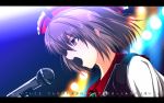  1girl brown_eyes brown_hair concert hat highres lyrica_prismriver microphone nekominase open_mouth short_hair singing solo touhou 