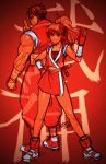  1boy 1girl back-to-back bare_legs final_fight fingerless_gloves fishnets frown gai_(final_fight) genryuusai_maki gloves highres muscle ninja robaato shoes sneakers tonfa weapon 